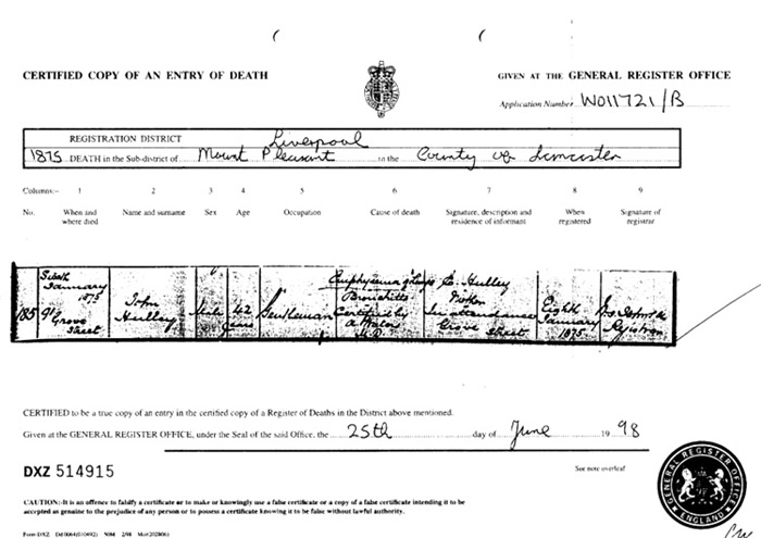 Death Certificate registered on 8th January 1875
